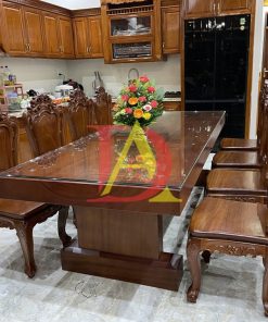 Bộ Bàn Ăn Nguyên Khối 8 Ghế Đục Louis Gỗ Gõ Đỏ